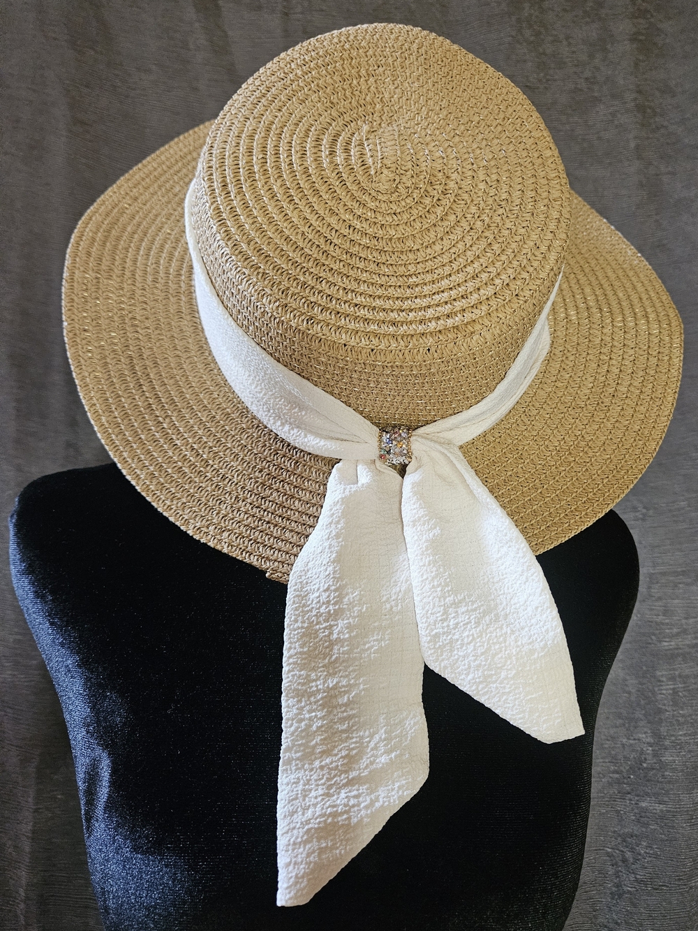 Straw Sun Hat with White Scarf Accent